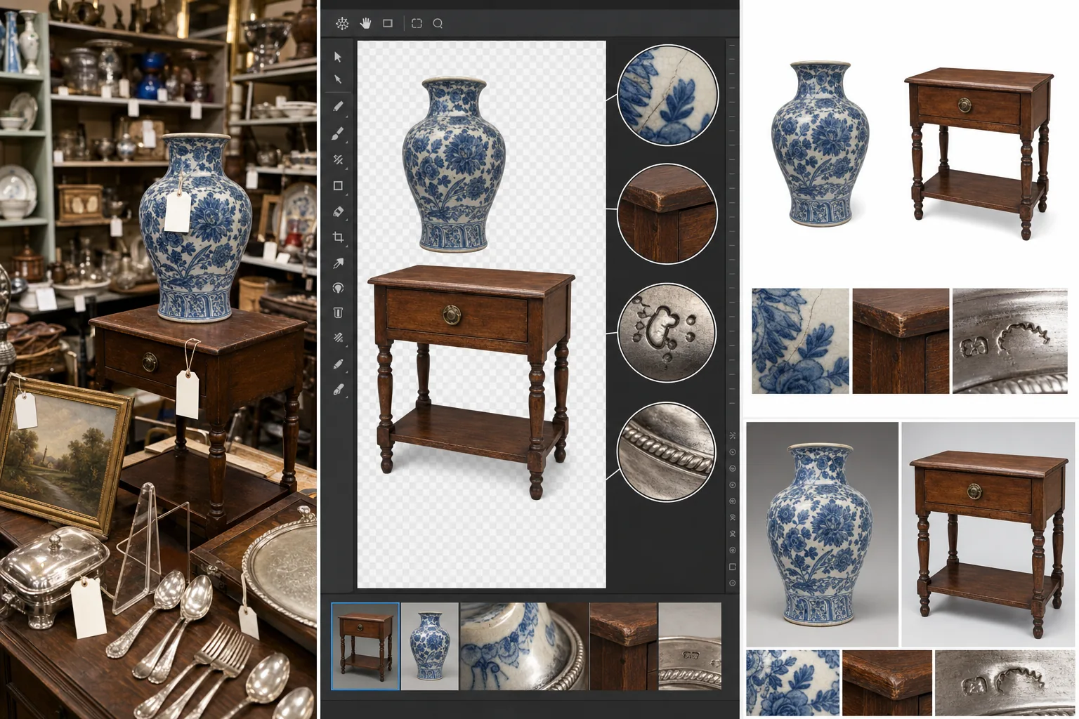 AI antique dealer catalog workflow isolating booth inventory, enhancing patina and condition details, and removing tags for marketplace listings