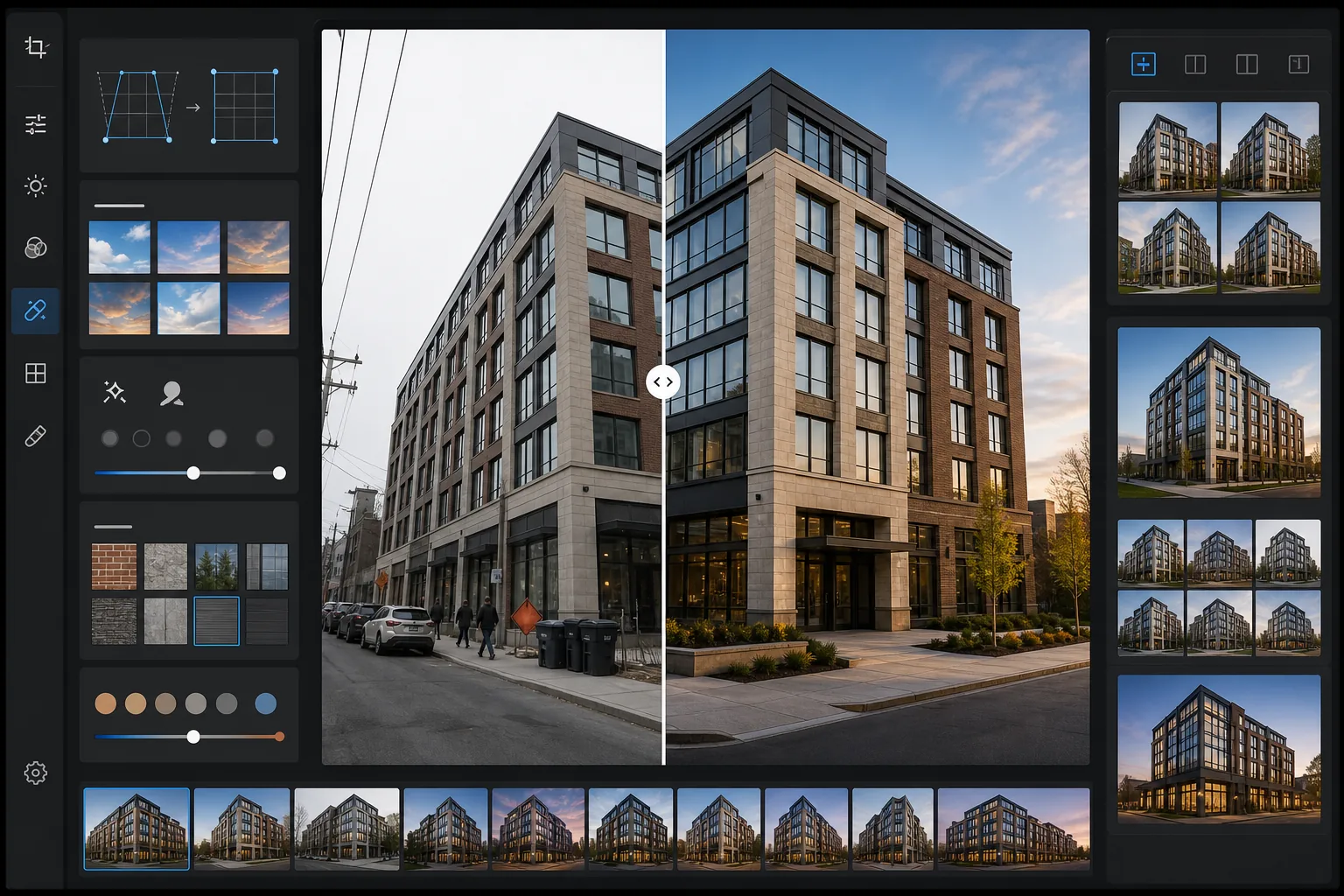AI architecture exterior workflow correcting vertical perspective, replacing an overcast sky, removing parked cars, pedestrians, bins, temporary signs, and power lines, and enhancing brick, stone, glass, and metal facade textures