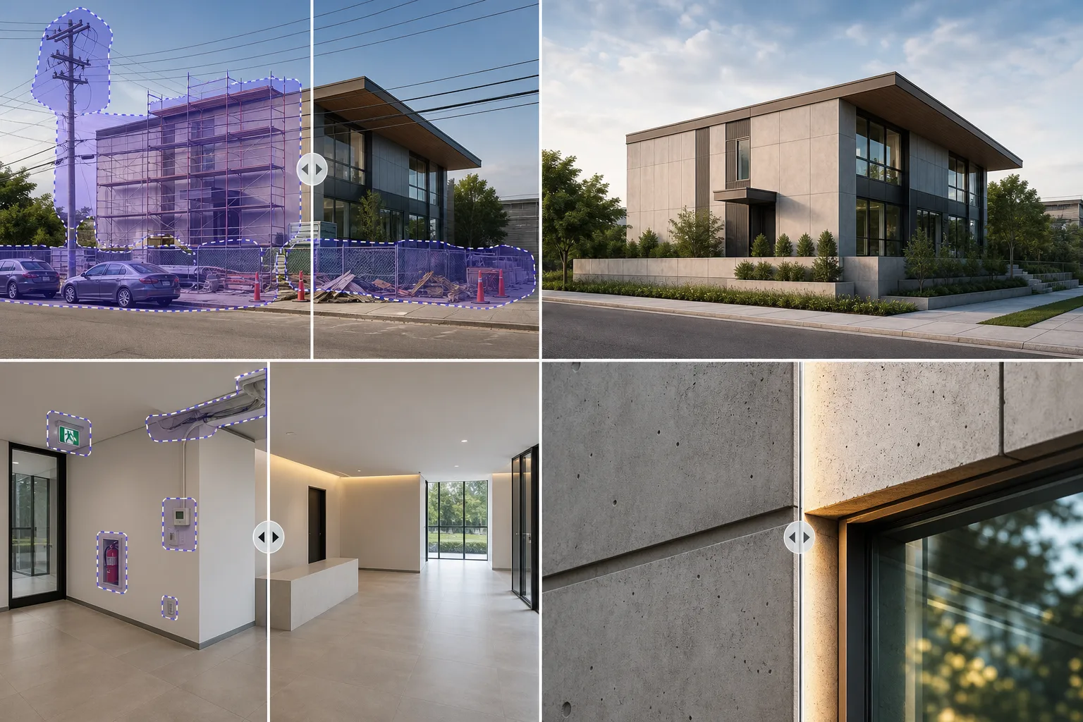 AI architecture photo editing workflow removing construction clutter, cleaning interiors, reconstructing skies and facades, and enhancing material details