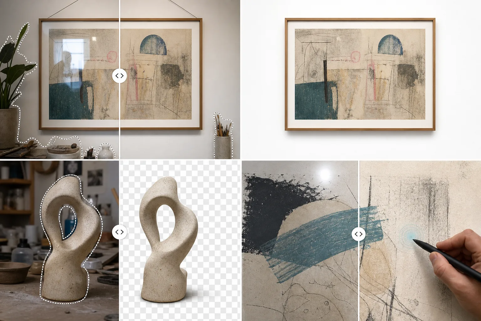AI art and design photo editing workflow removing reflections and studio clutter, isolating sculptures, and preparing print-ready artwork images