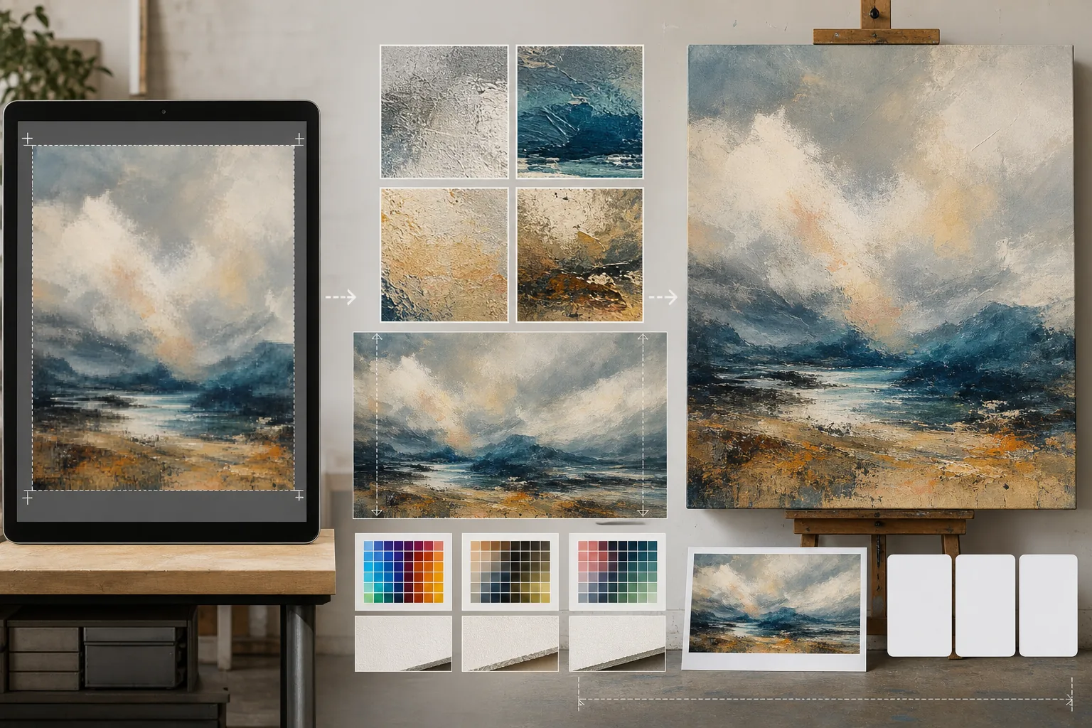 AI art print preparation workflow upscaling digital artwork, expanding canvas edges for gallery wrap bleed, proofing color, and exporting a crisp large-format print