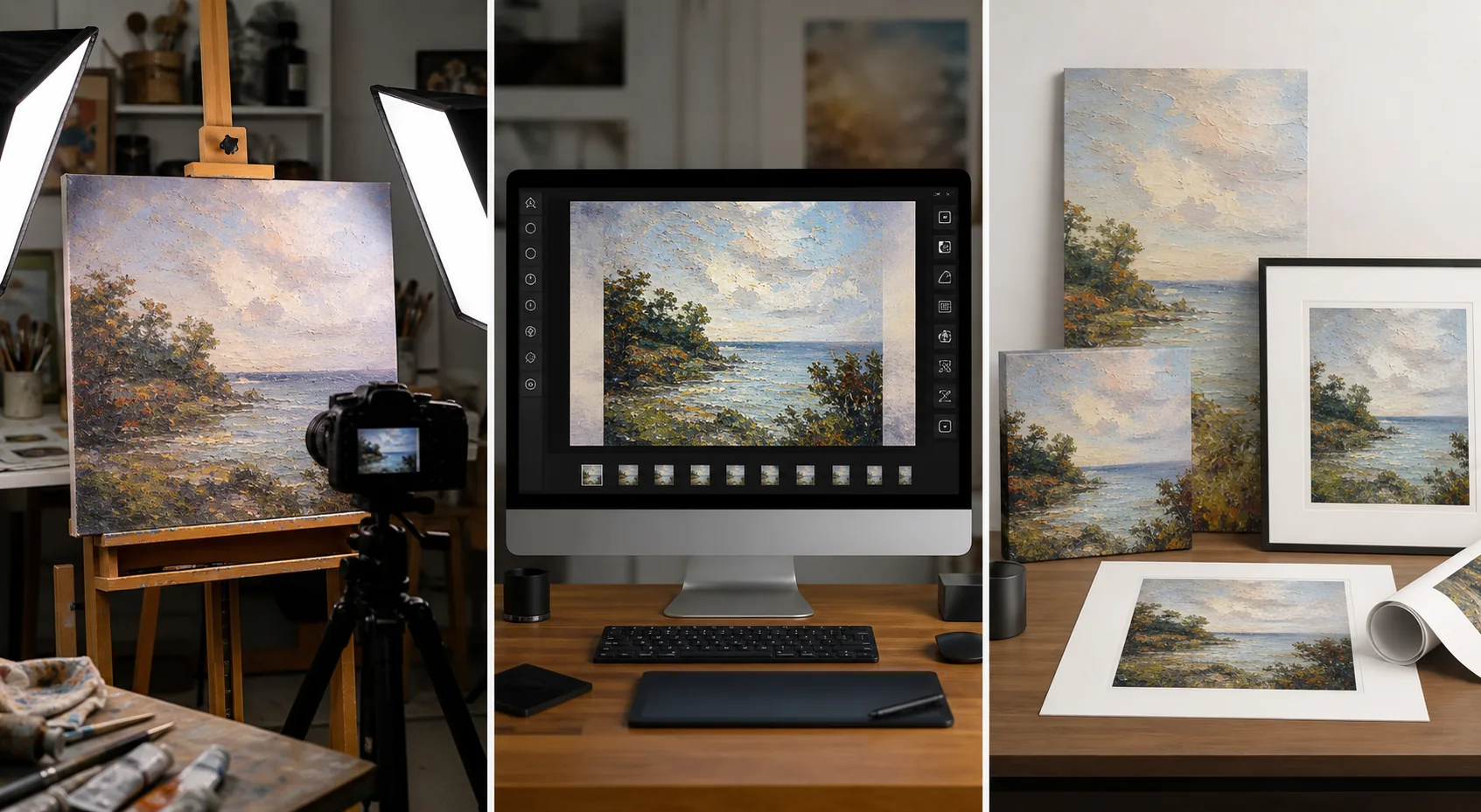 AI art reproduction workflow enhancing a photographed painting, expanding canvas ratios, and preparing print-ready products