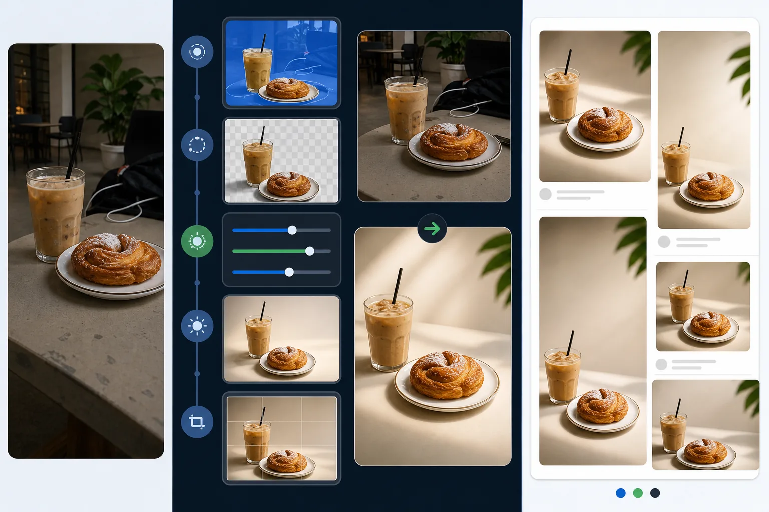 Attention-grabbing social photo editing workflow showing distraction removal, natural contrast boosts, negative space, and scroll-ready crops