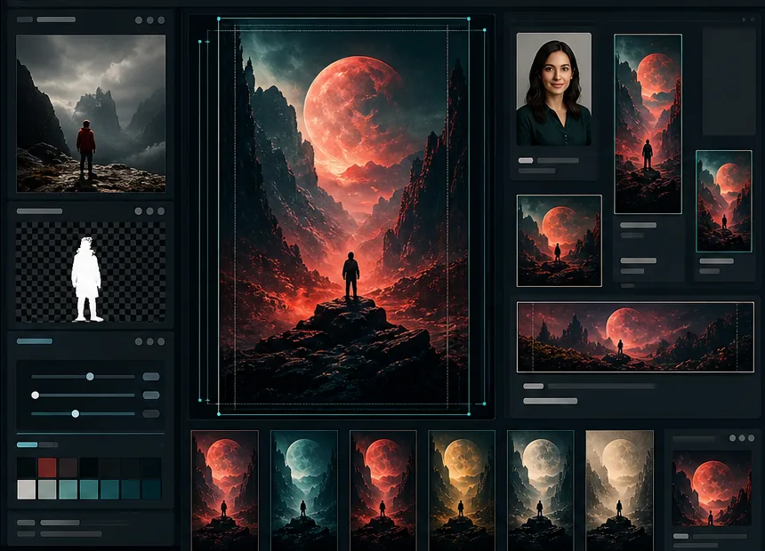 AI self-published author workflow preparing book covers, author headshots, promo crops, audiobook covers, and series variants