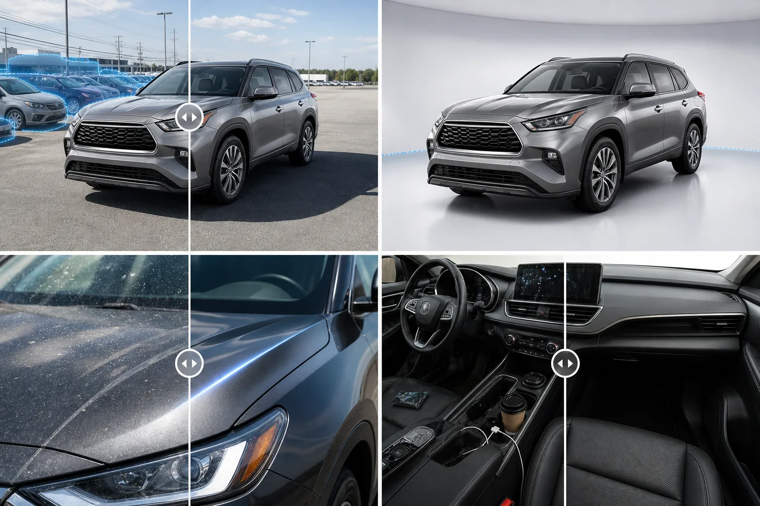 AI automotive photo editing workflow cleaning vehicle listings, removing lot clutter, reducing reflections, and polishing interior photos