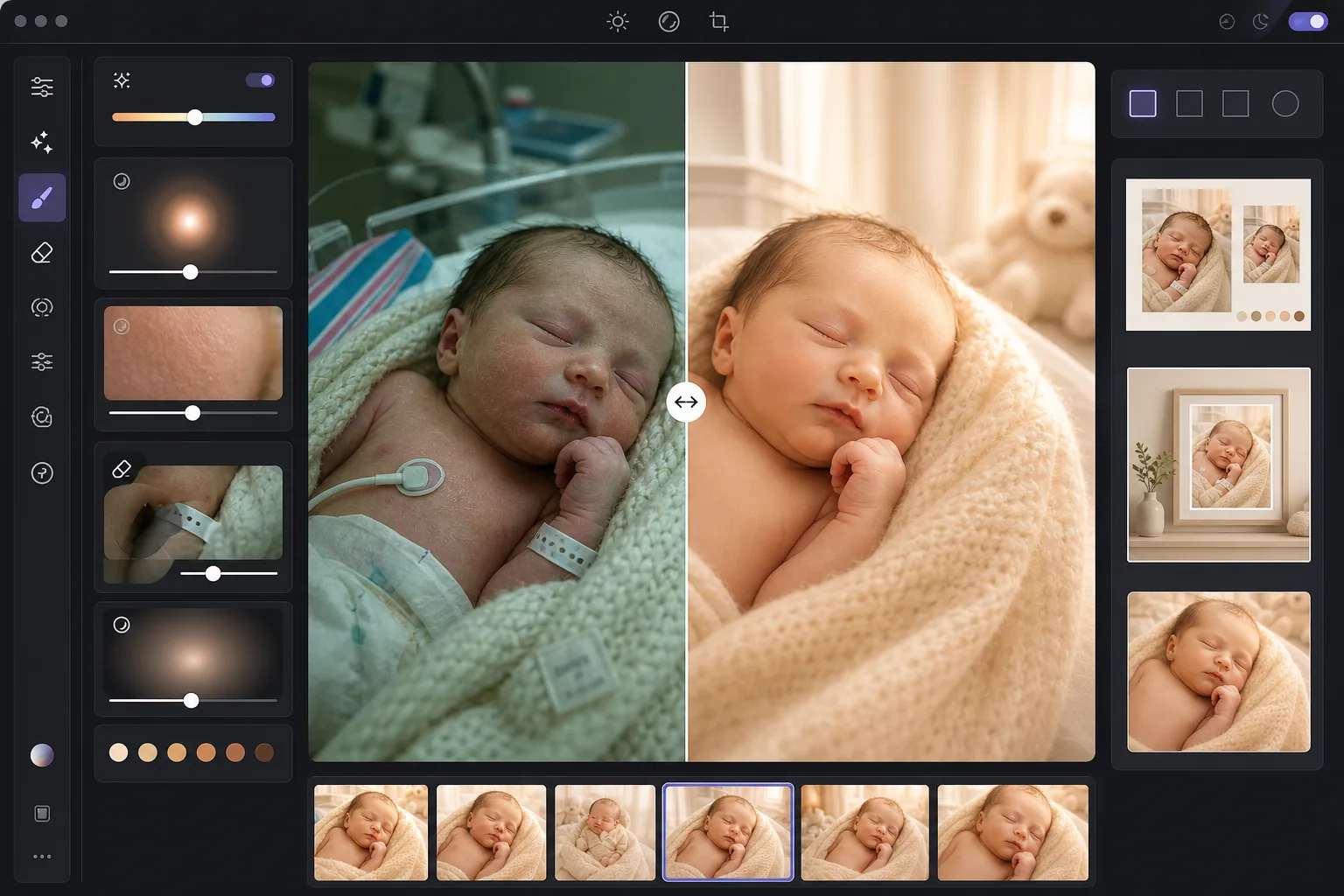 AI baby and newborn soft glow workflow adding warm tones, soft highlight glow, gentle infant skin smoothing, shadow lift, and removing hospital wristbands, monitor cables, diaper edges, tags, pacifier clips, and nursery clutter