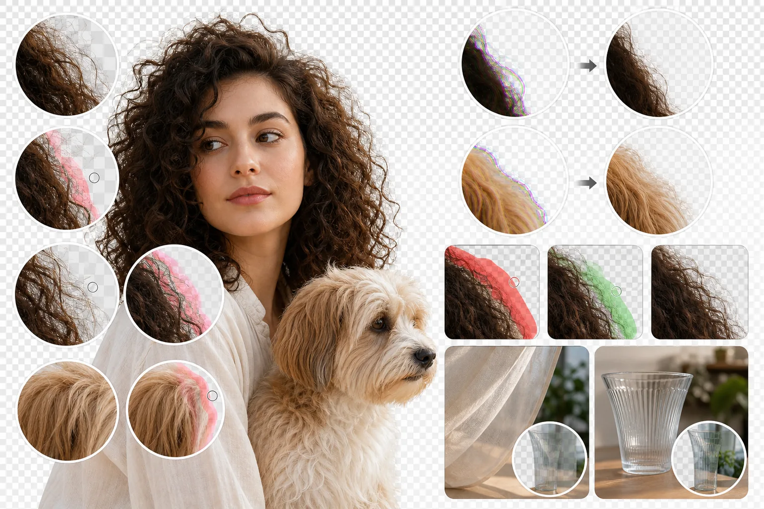 Background removal edge refinement showing hair and fur recovery, color fringe cleanup, feathered edges, and translucent material masking