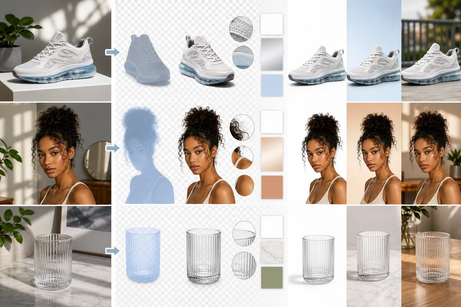 Background removal workflow showing AI cutouts, refined hair and glass edges, transparent areas, and replacement backdrops