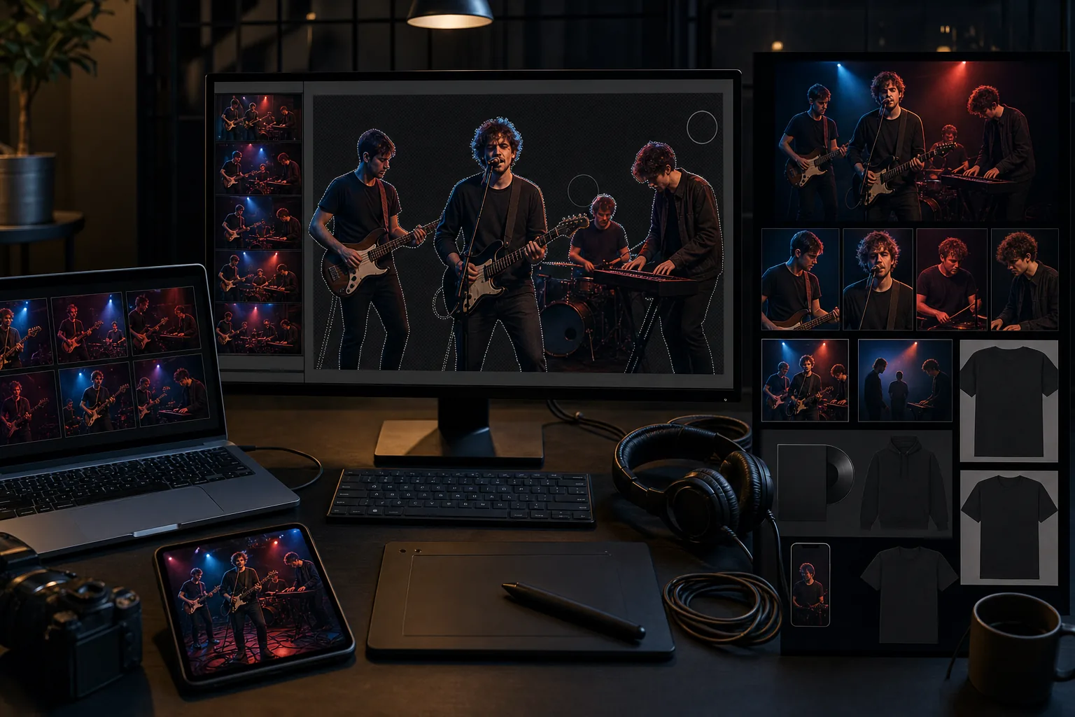 AI band musician promo workflow isolating live performance photos and creating EPK, social, poster, and merch assets