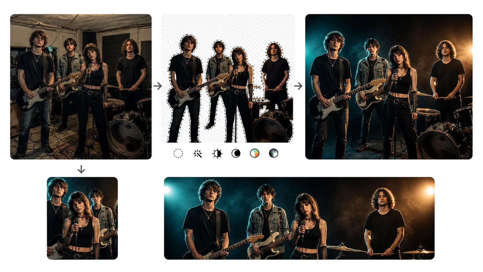 AI band promo photo workflow removing rehearsal room clutter, isolating musicians and instruments, applying dramatic concert lighting, and exporting press kit plus social crops