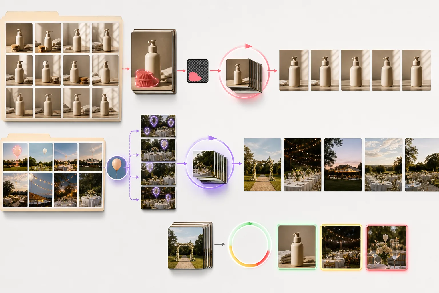 Batch object removal workflow showing queued photos, reusable masks, automated distraction detection, clean outputs, and review triage