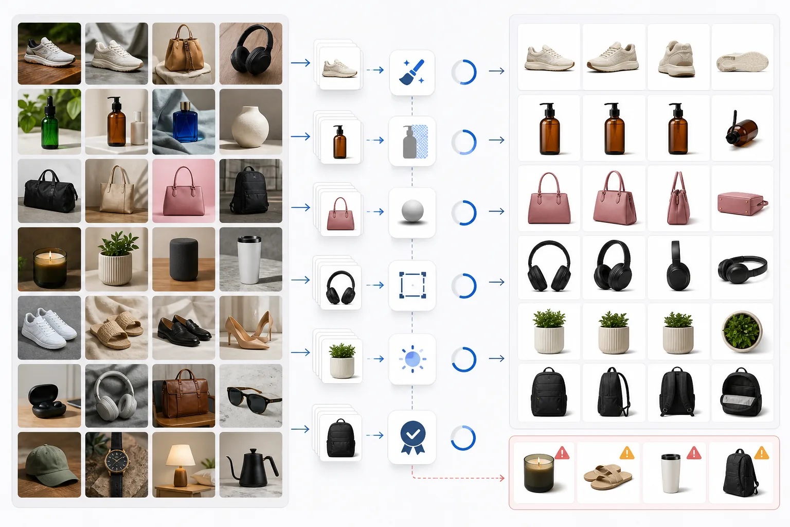 Batch product photo editing workflow showing raw catalog images, automated cleanup steps, clean marketplace exports, and flagged review items