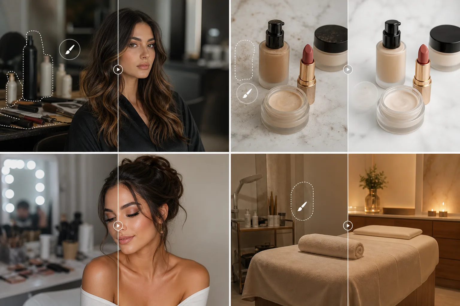 AI beauty photo editing workflow cleaning salon portraits, cosmetics product shots, service comparisons, and spa room photos
