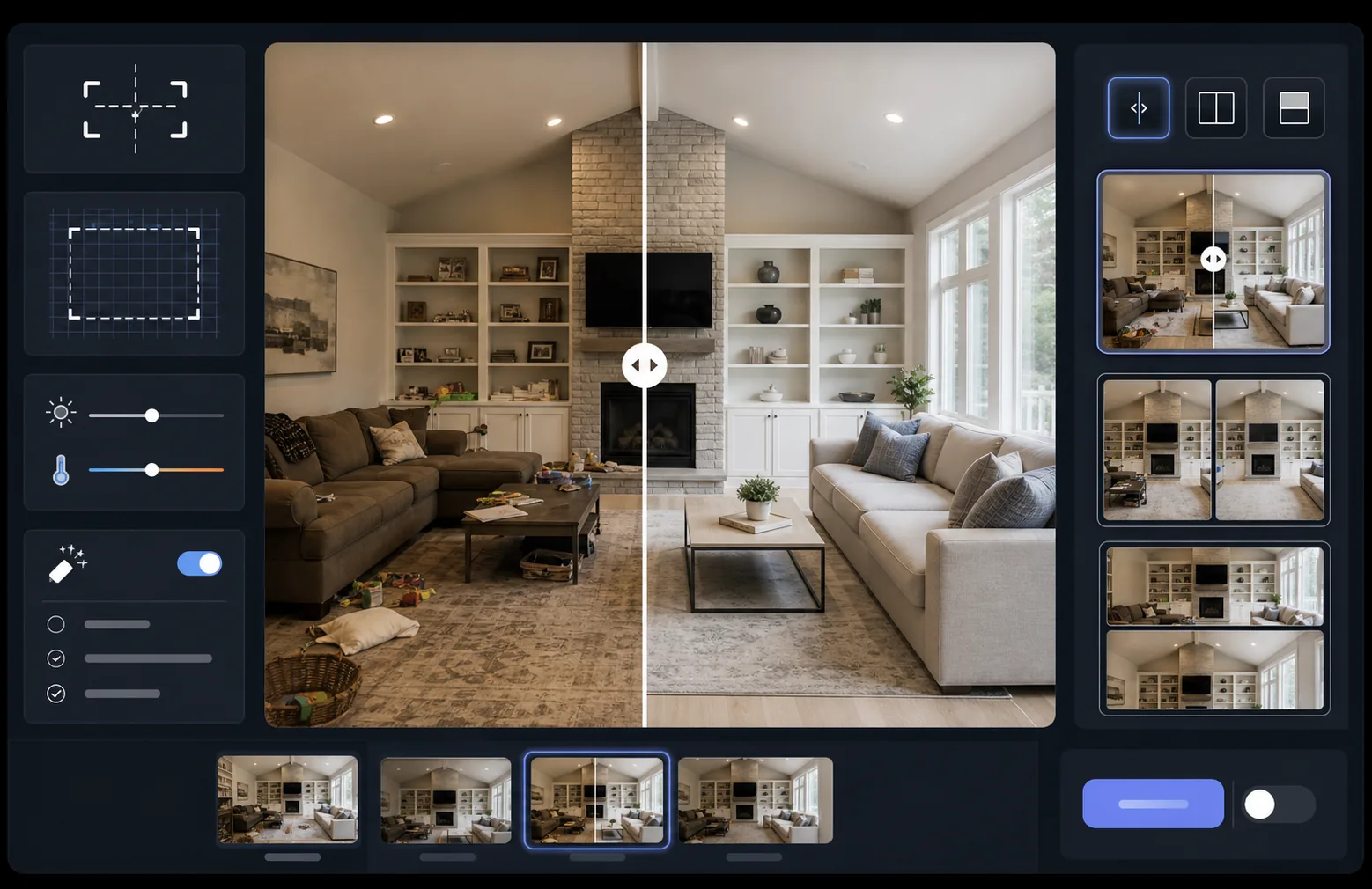 AI before and after slider workflow aligning comparison photos, normalizing lighting, removing distractions, and previewing slider-ready side-by-side marketing exports