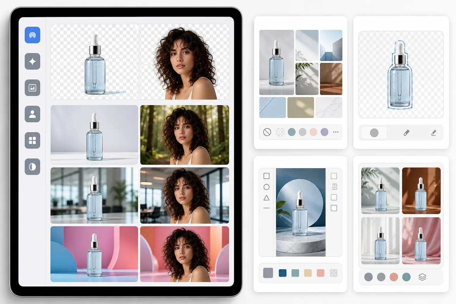 Category roundup interface comparing AI background generators for product photos, portraits, cutouts, and generated scene replacements