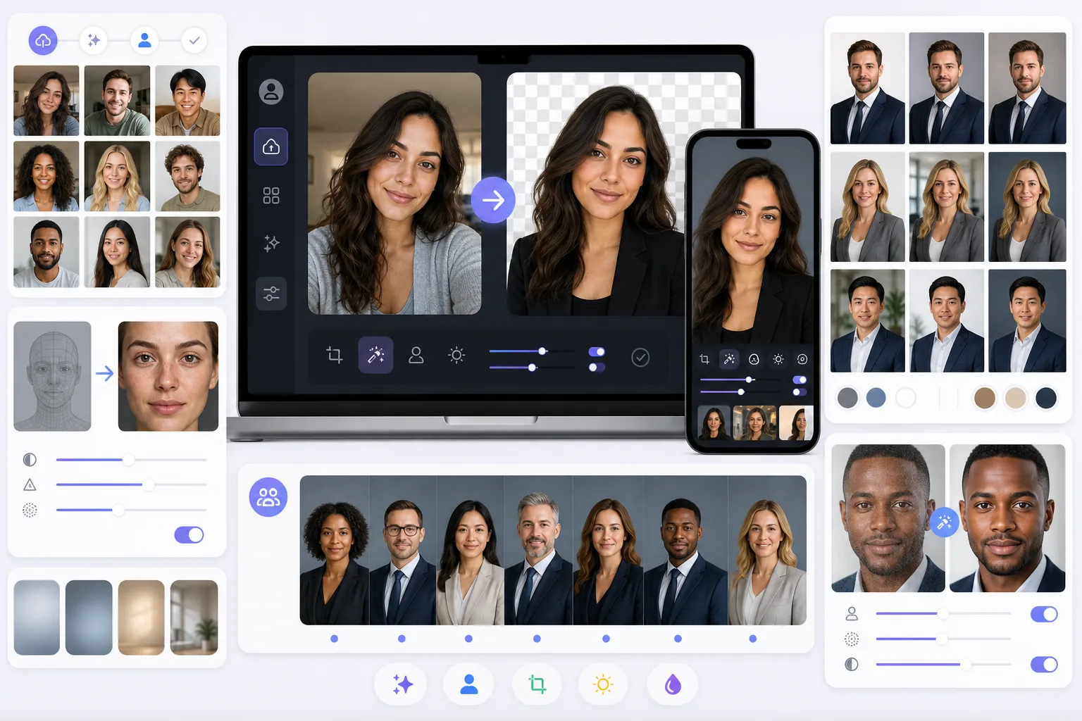 Category roundup interface comparing AI headshot generators with real-photo portrait enhancement, background replacement, and batch headshot workflows