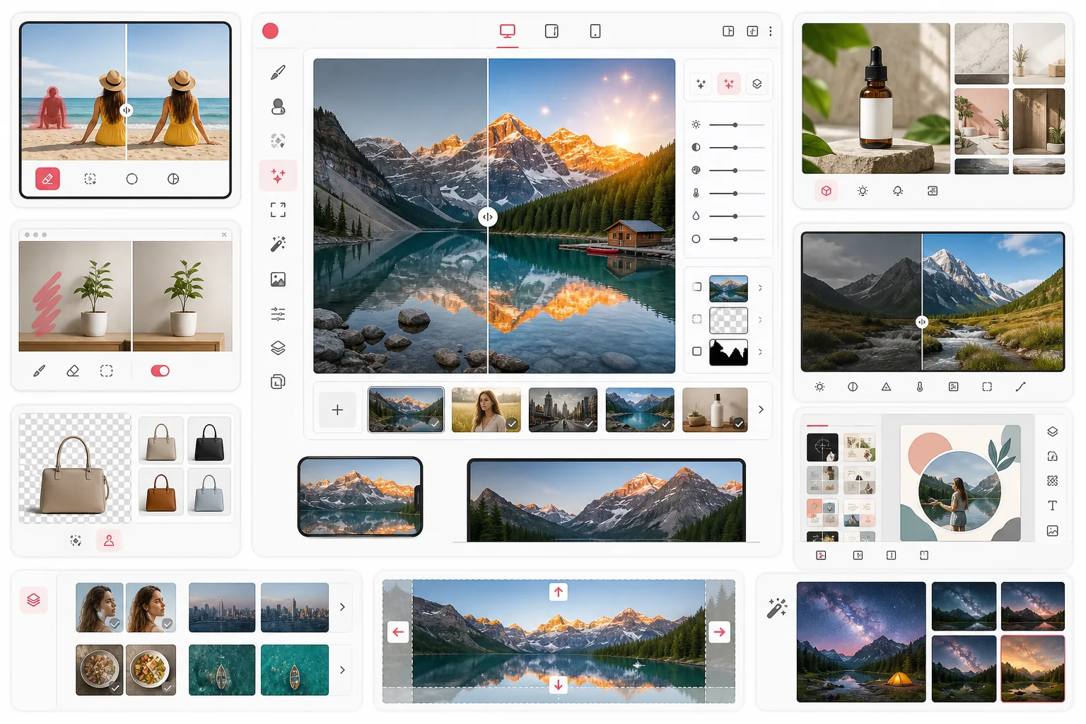 Category roundup interface comparing an all-in-one AI photo editor with specialized workflows for cleanup, background removal, product photos, enhancement, and design