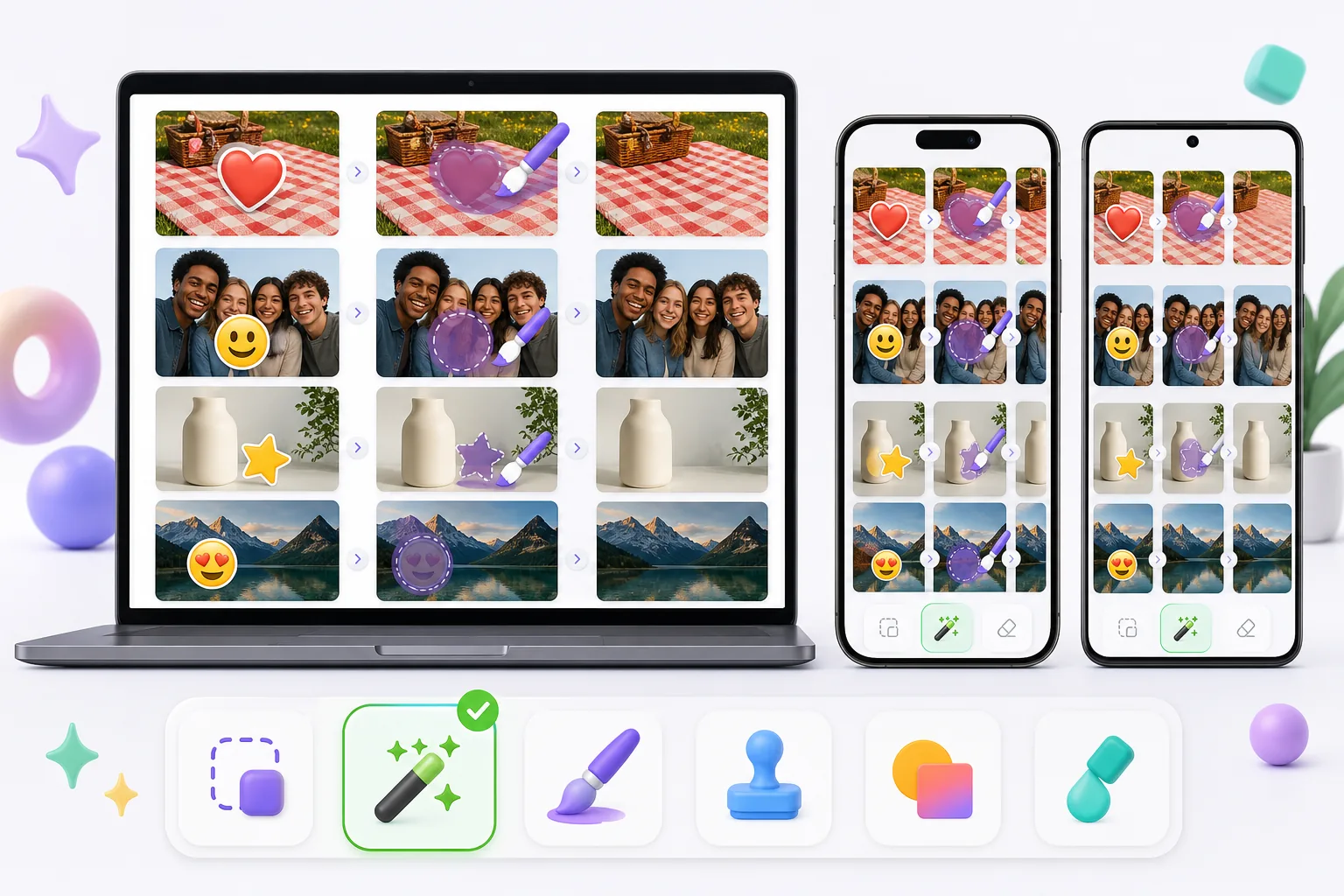 Emoji remover roundup showing heart smiley star and reaction stickers brushed away from photos across laptop and mobile screens