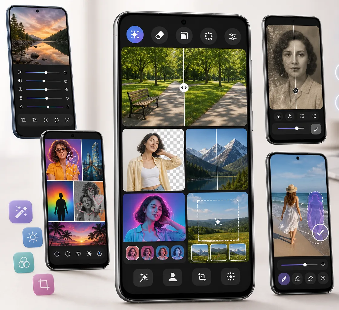 Category roundup interface comparing Android photo editing apps for AI object removal, background removal, enhancement, filters, and restoration