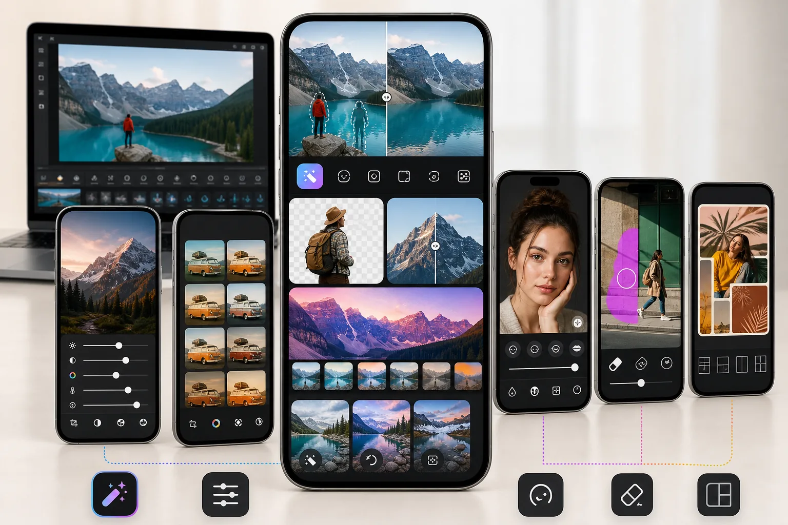 Category roundup interface comparing iPhone photo editing apps for AI object removal, background removal, enhancement, filters, and retouching