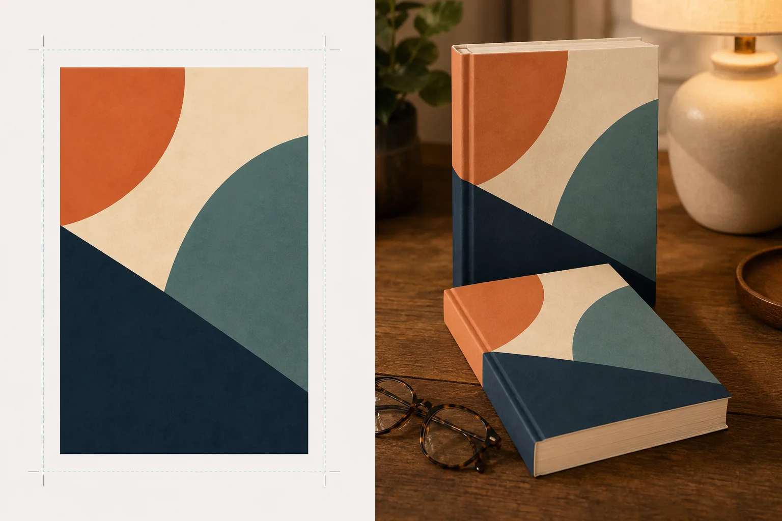 AI book cover mockup workflow turning flat cover artwork into realistic 3D paperback and hardcover promotional scenes with perspective, page thickness, and natural shadows