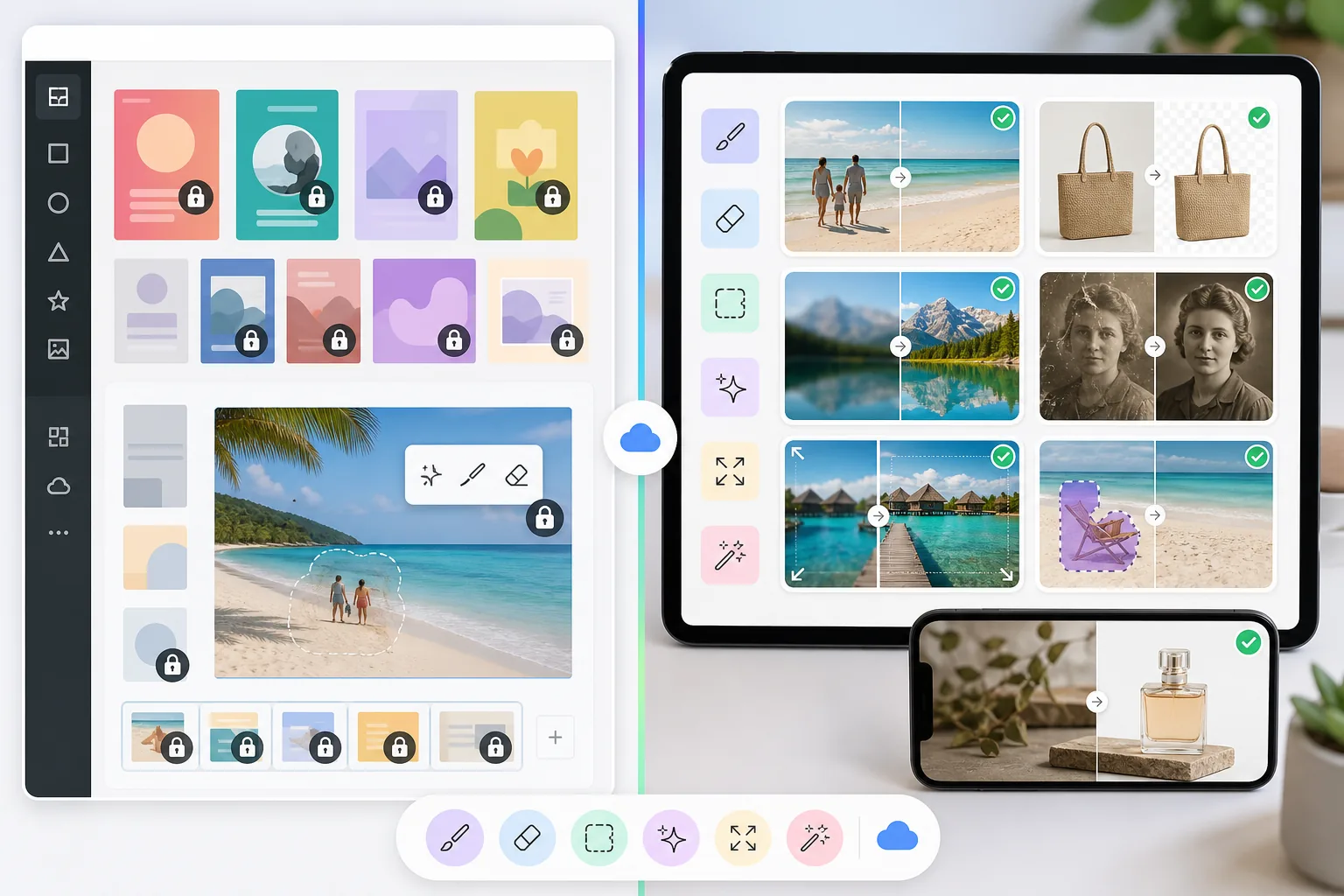 Comparison of a gated design-template canvas and a dedicated AI photo cleanup workflow across tablet and phone