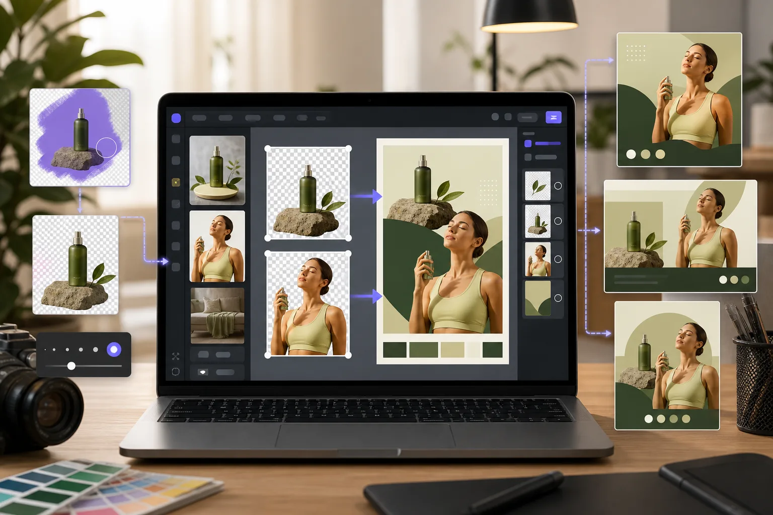 AI photo cleanup workflow preparing transparent cutouts, polished product images, and lifestyle visuals before importing them into Canva designs
