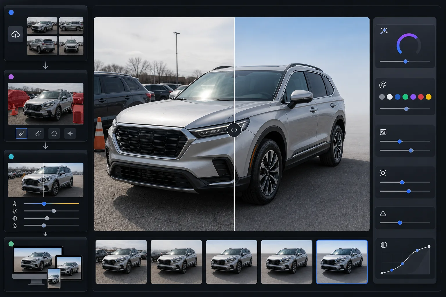 AI car listing photo workflow removing parking lot clutter, softening windshield reflections, correcting metallic paint color, and exporting clean 3:2 automotive marketplace images