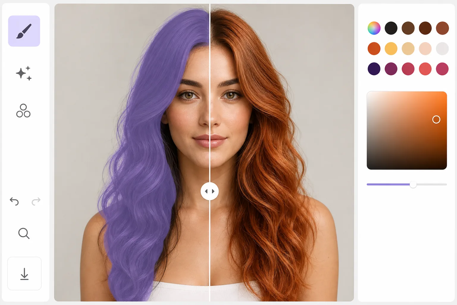 AI hair color change workflow showing hair selected with a brush mask and realistically recolored while preserving strand texture and highlights