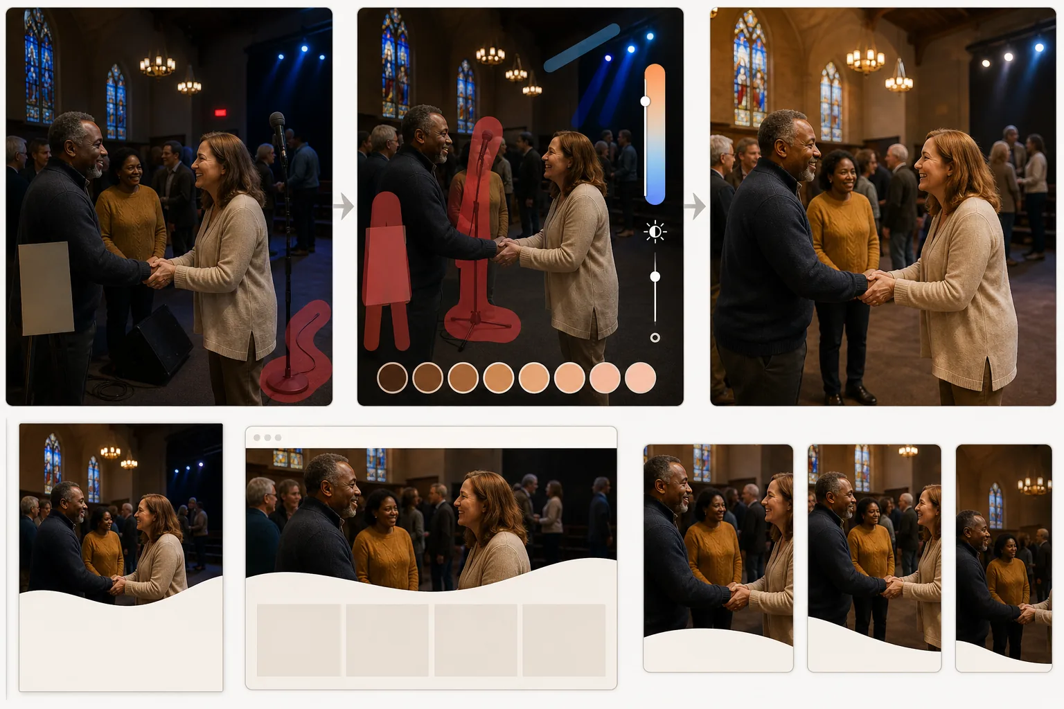 AI church event photo workflow correcting mixed indoor lighting, removing microphone stands and cables, warming skin tones, and preparing bulletin website plus social crops