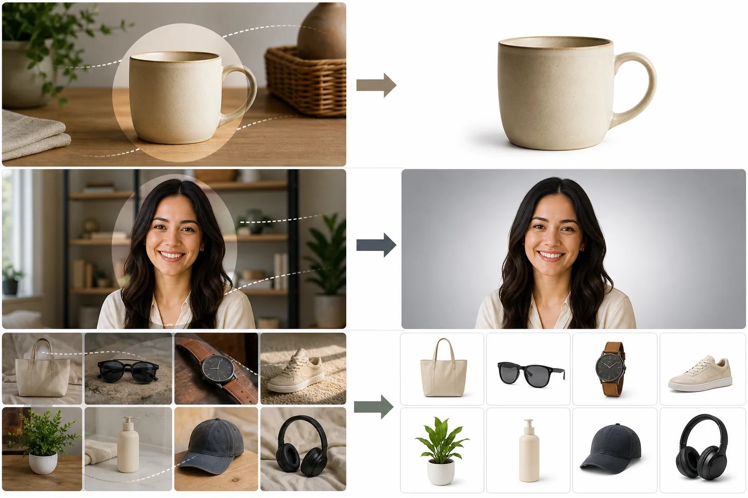 Clean background comparison showing cluttered product, headshot, and shopping images transformed into focused professional visuals