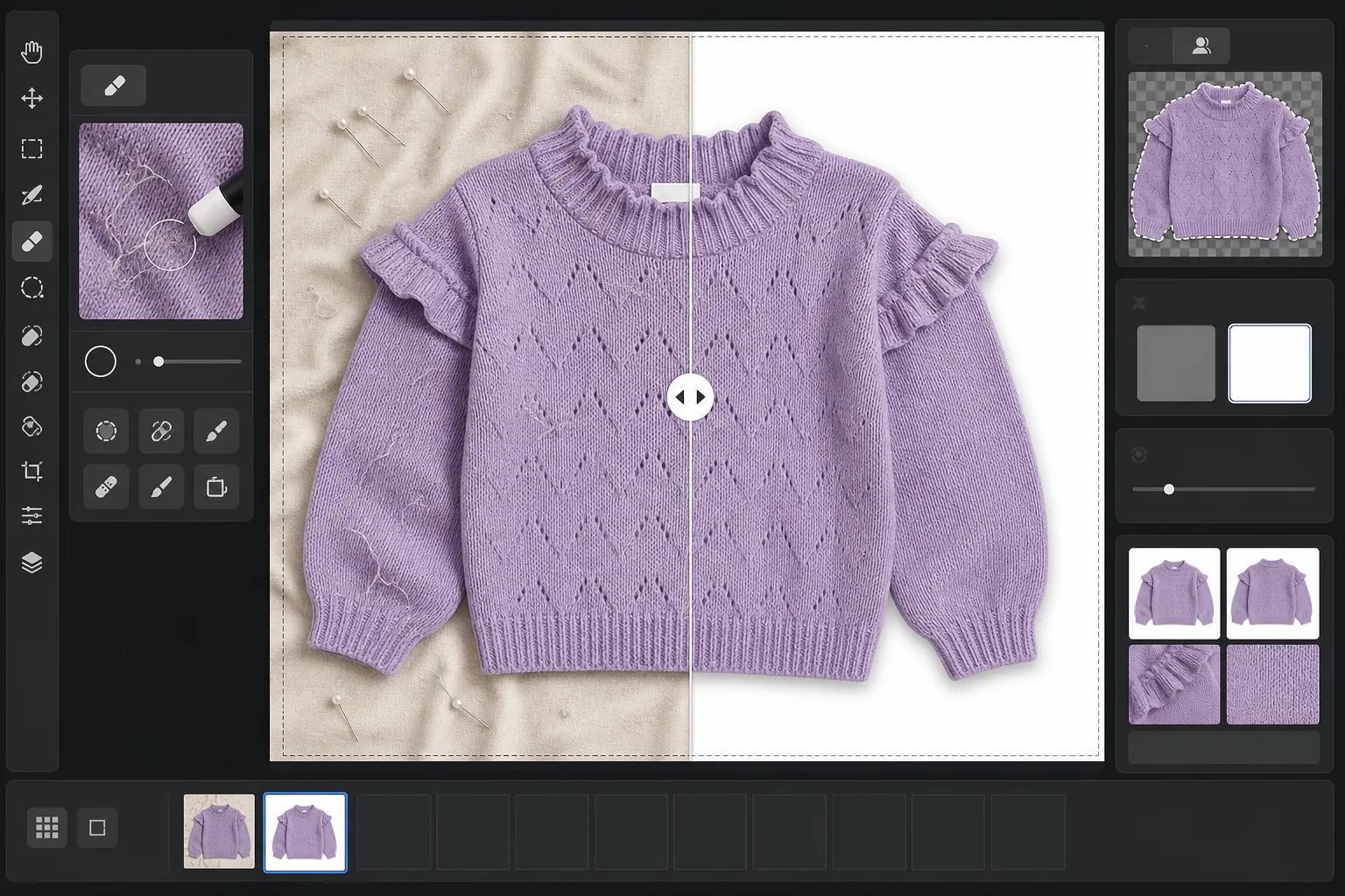 AI clothing flat lay cleanup workflow removing lint, pet hair, stray threads, wrinkles, tags, and pins, replacing a messy background with pure white, and correcting fabric color for e-commerce product photos