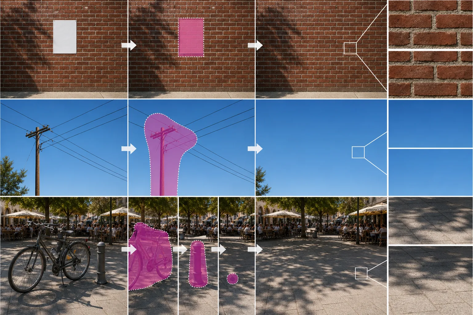 Complex background object removal showing tight masks, aligned brick textures, smooth sky gradients, and layered foreground cleanup