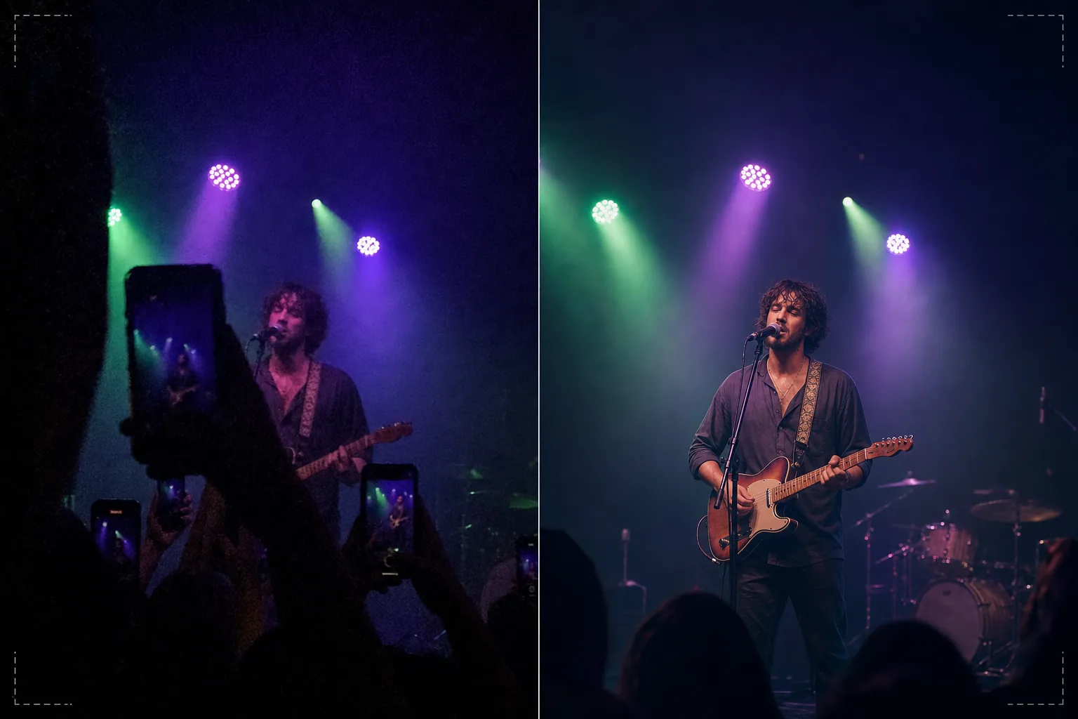 AI concert event photo workflow reducing low-light noise, correcting stage lighting color casts, removing crowd obstructions, and sharpening performer details