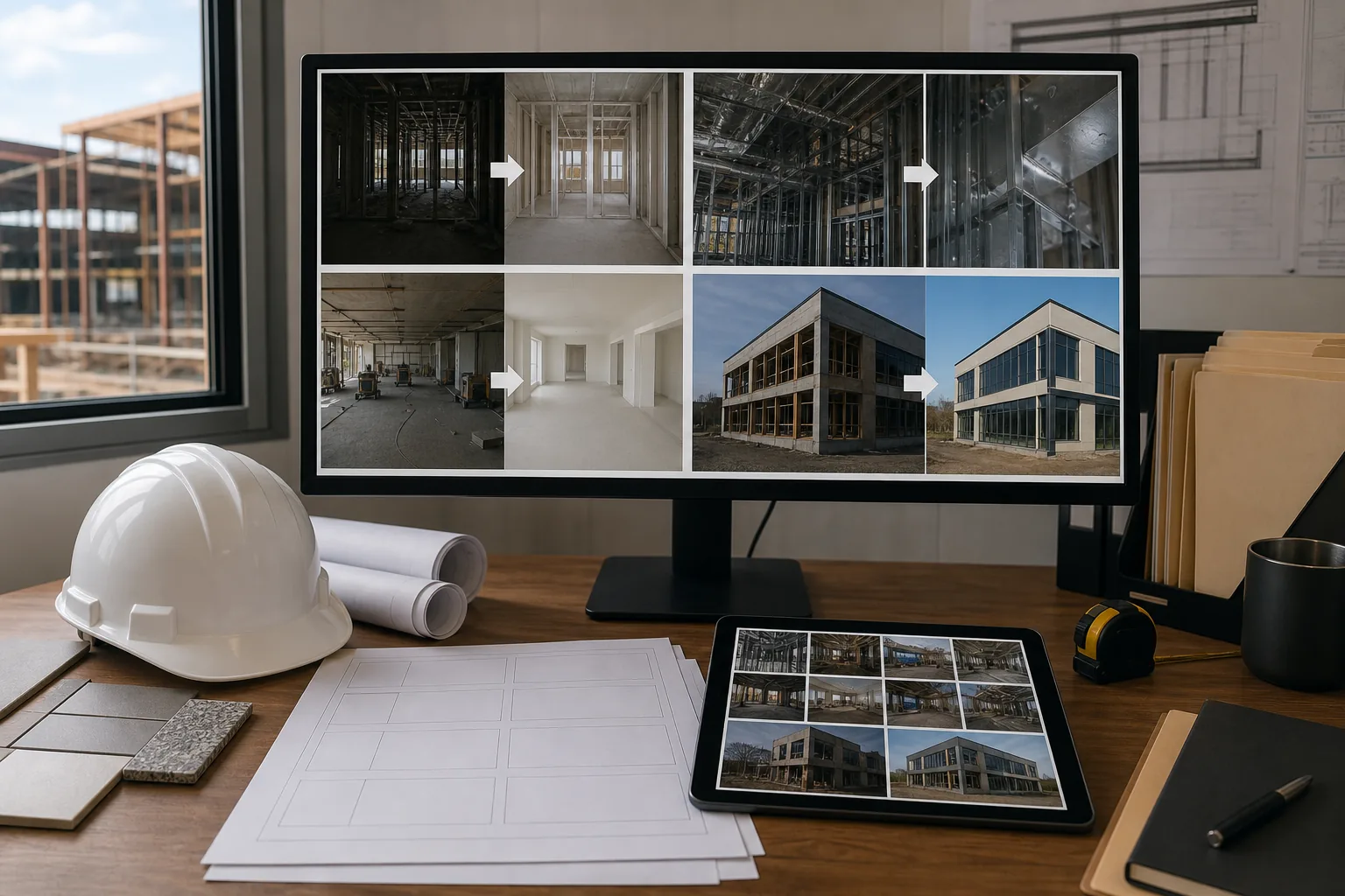 AI construction progress photo workflow enhancing site documentation, removing temporary clutter, and preparing client reports