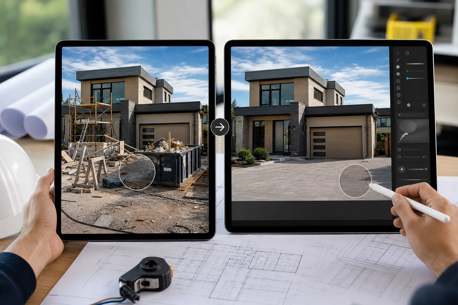 AI construction and trades photo editing workflow removing job site clutter, dumpsters, scaffolding, and tool piles from finished project photos