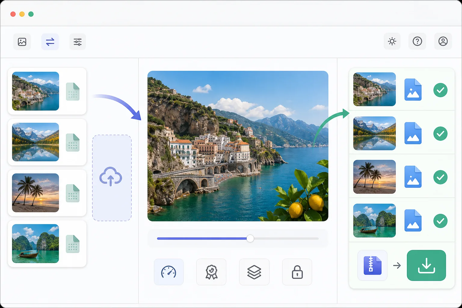HEIC to JPG conversion workflow showing iPhone photo files uploaded in batch previewed with quality and metadata controls then exported as compatible image downloads