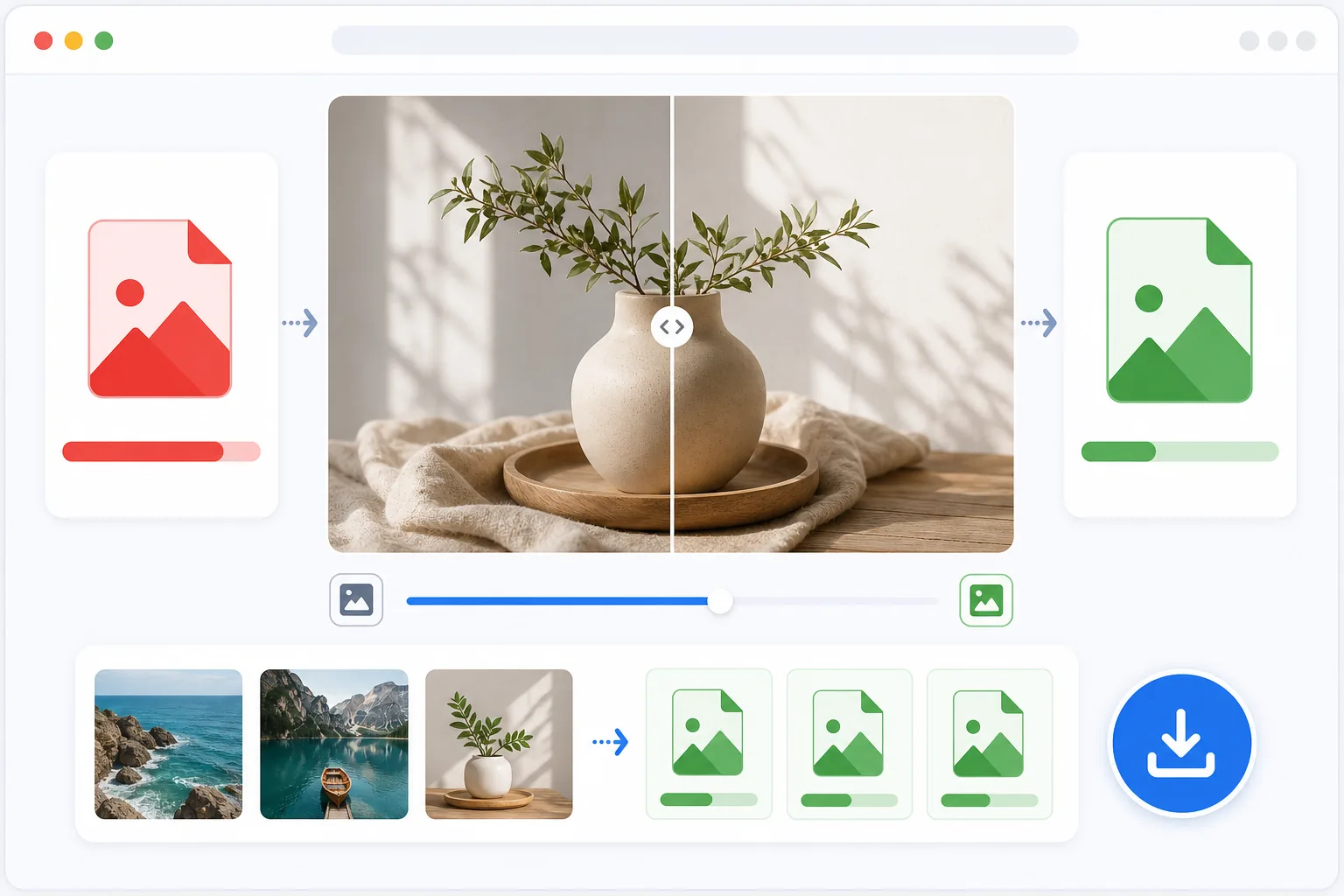 JPG to WebP conversion workflow showing image previews, smaller output file indicators, batch conversion cards, and a download action