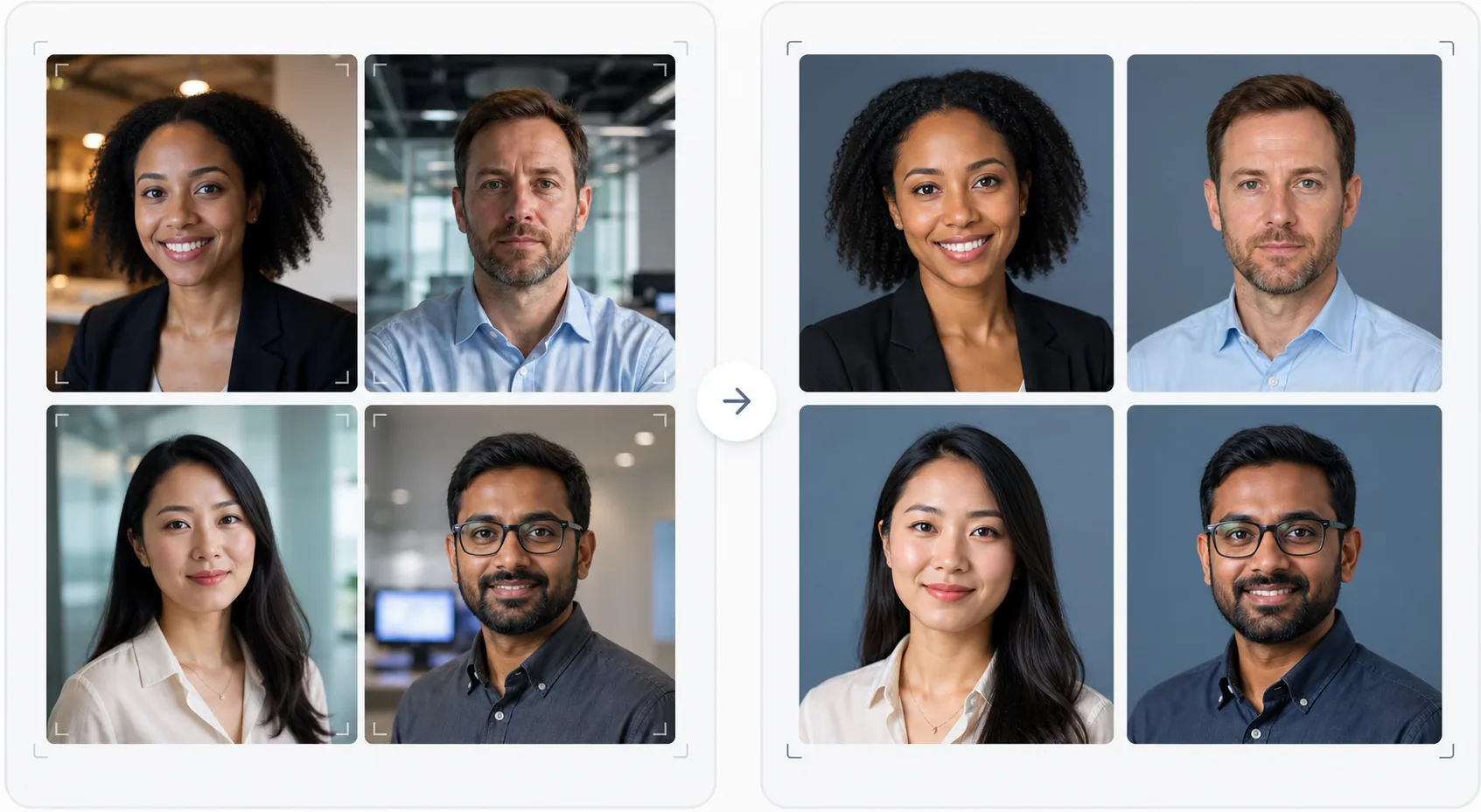 AI corporate team photo workflow standardizing mixed headshots with consistent backgrounds, neutral lighting, square framing, and polished professional quality