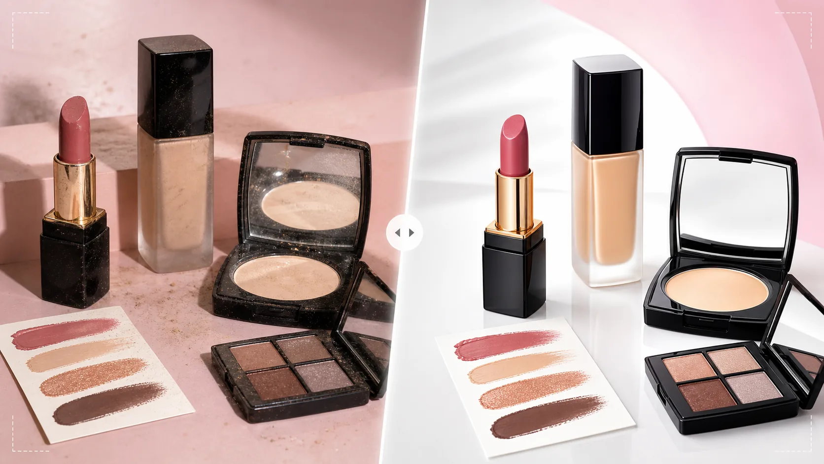 AI cosmetics product photo workflow cleaning glossy packaging, controlling reflections, preserving accurate swatch colors, and preparing beauty marketplace images