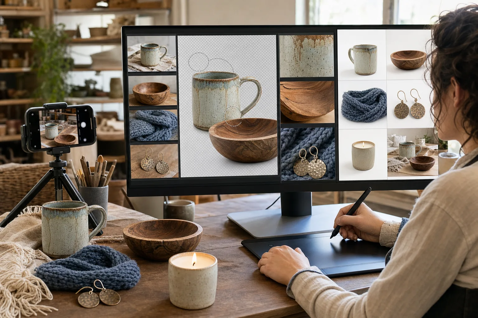 AI handmade product photo workflow removing workshop backgrounds and enhancing ceramic glaze, wood grain, and fiber texture