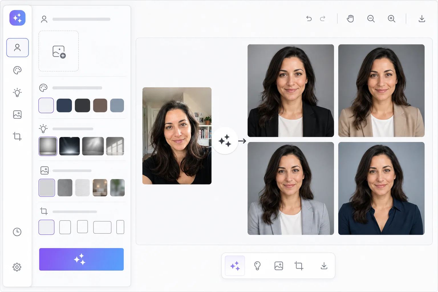 AI Create workspace showing a casual selfie transformed into four polished professional headshot variations with studio lighting and neutral backgrounds