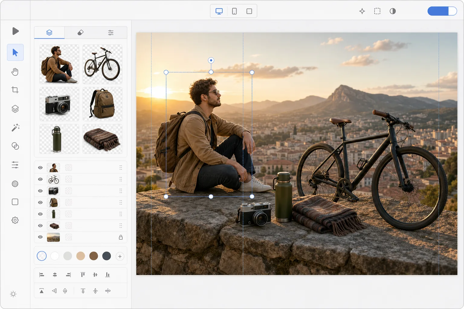 Design editor showing transparent photo cutouts arranged into a single montage scene with a shared background and soft shadows