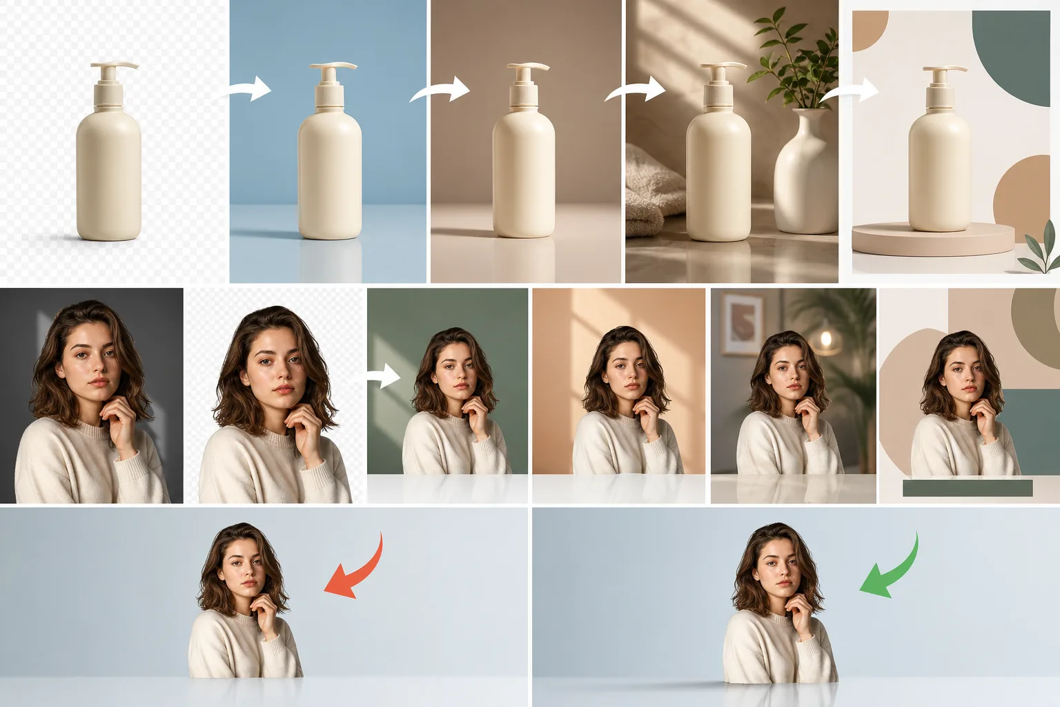Custom background workflow showing product and portrait cutouts on solid colors, gradients, lifestyle scenes, templates, and matched shadows
