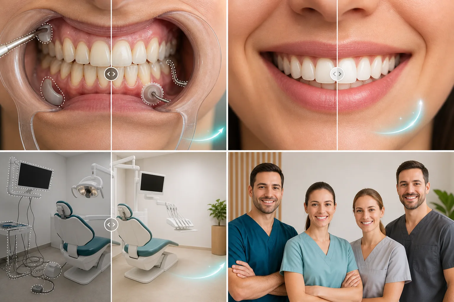 AI dental photo editing workflow cleaning smile gallery images, enhancing treatment results, removing operatory clutter, and standardizing team portraits