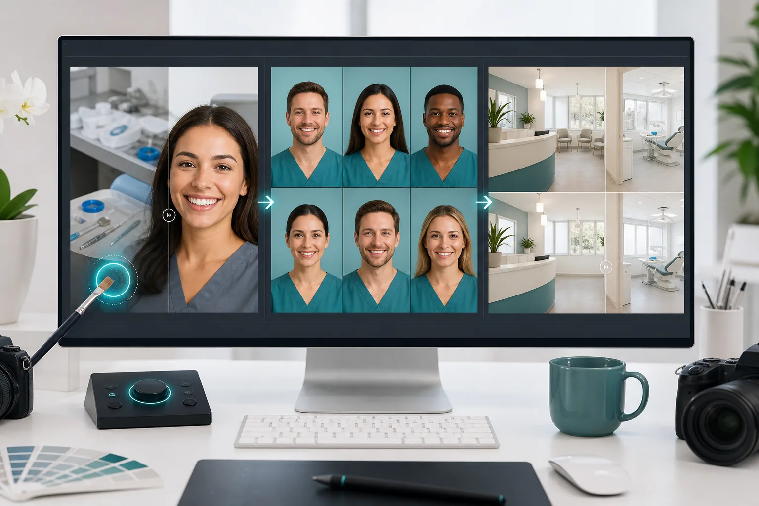 AI dental practice photo editing workflow cleaning clinical photos, standardizing team headshots, and preparing office images