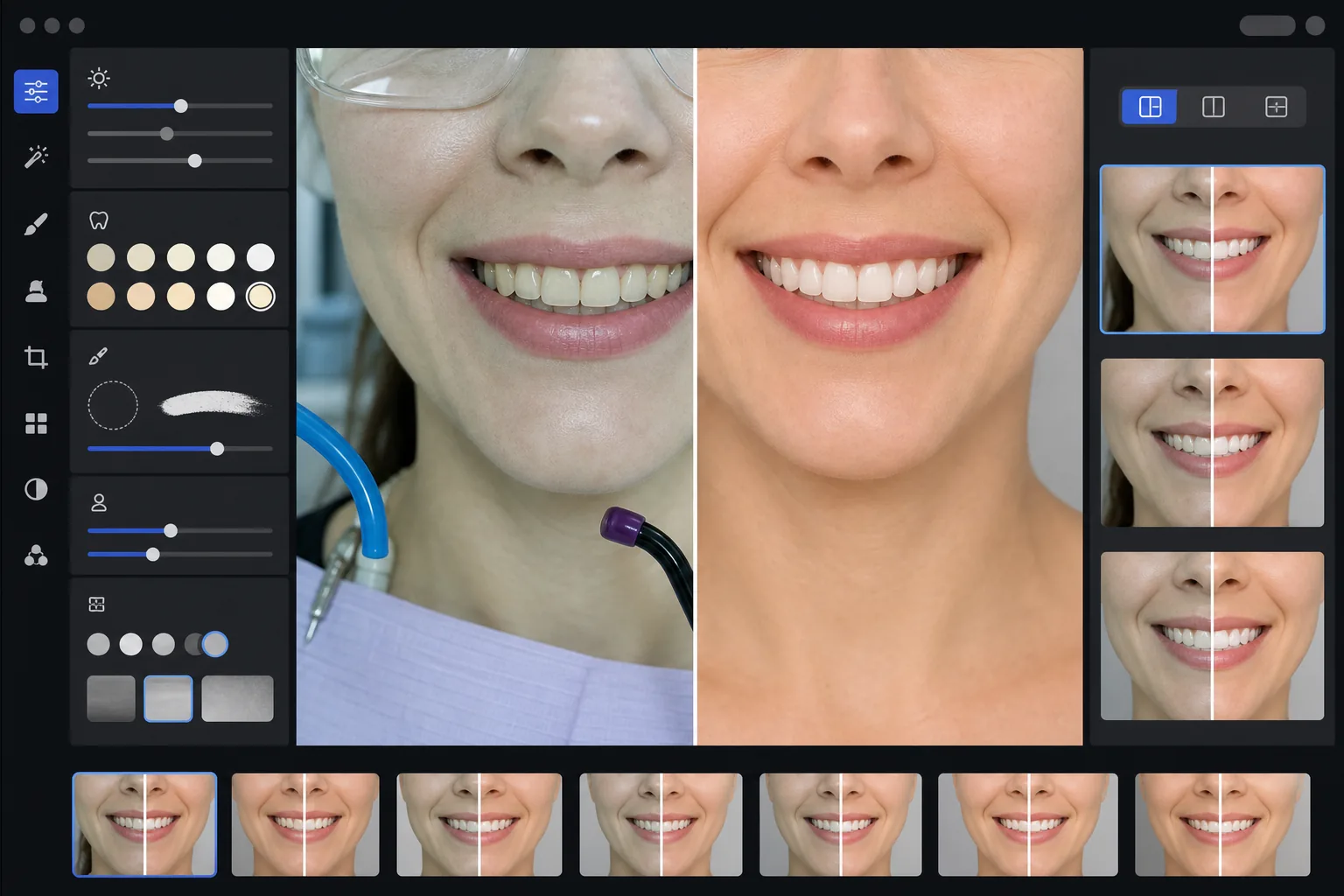 AI dental smile enhancement workflow correcting clinical lighting, applying natural tooth whitening, warming perioral skin tone, removing dental equipment clutter, and standardizing before-and-after portrait backgrounds