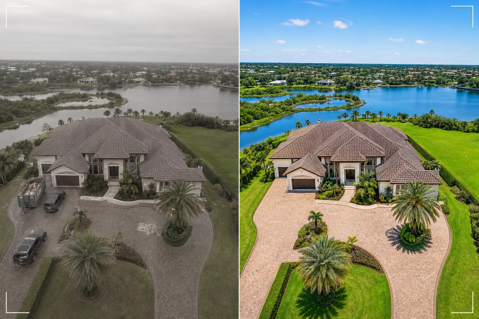 AI drone aerial photo workflow replacing overcast skies, removing haze and vehicles, enhancing landscape color, and sharpening real estate property details