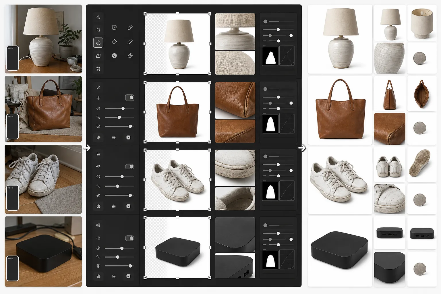 AI eBay listing photo workflow removing cluttered product backgrounds, creating white gallery images, enhancing resale condition details, and exporting square marketplace photo sets