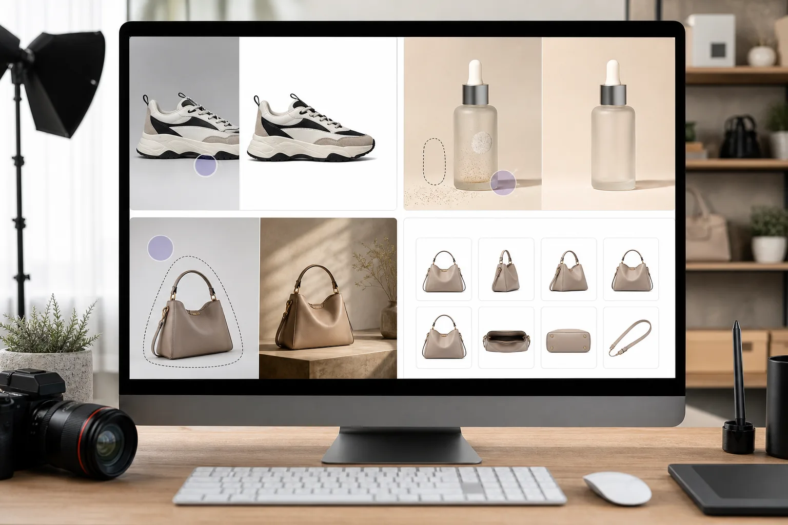 AI ecommerce product photo editing workflow creating white backgrounds, cleanup edits, lifestyle scenes, and consistent marketplace-ready SKU images